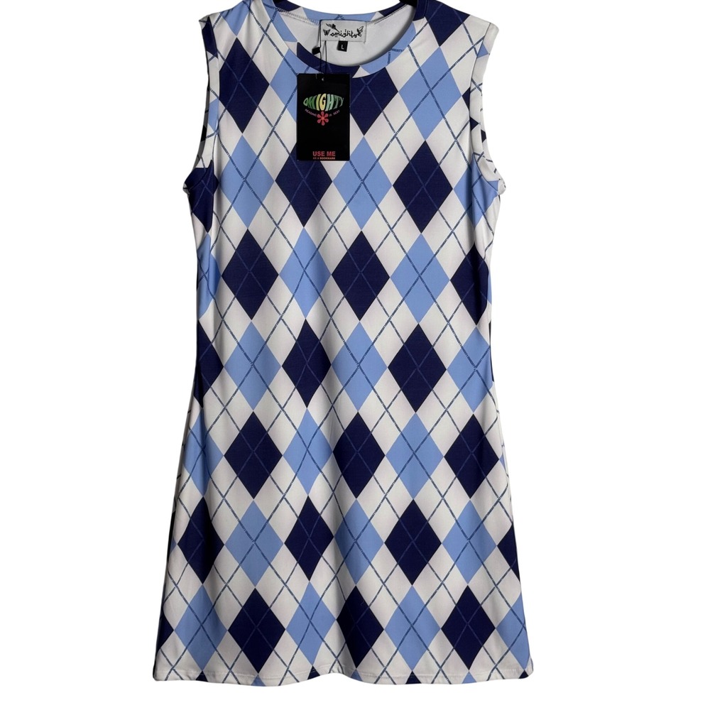 Omighty  Argyle Sleeveless Mini Dress  Preppy Tenniscore Y2K Cotton Spandex L